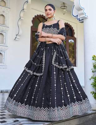 dark navy blue silk blend embroidered lehenga choli 2