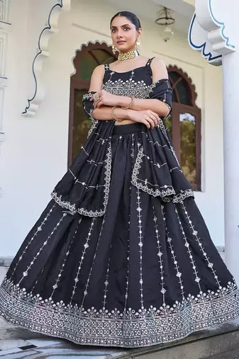 dark navy blue silk blend embroidered lehenga choli