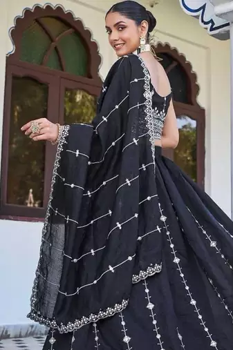 dark navy blue silk blend embroidered lehenga choli