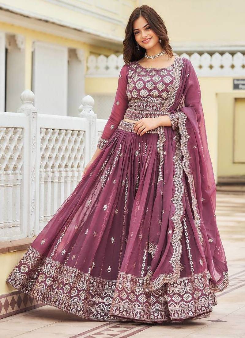 dark purple georgette embroidered lehenga choli