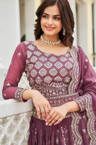 dark purple georgette embroidered lehenga choli