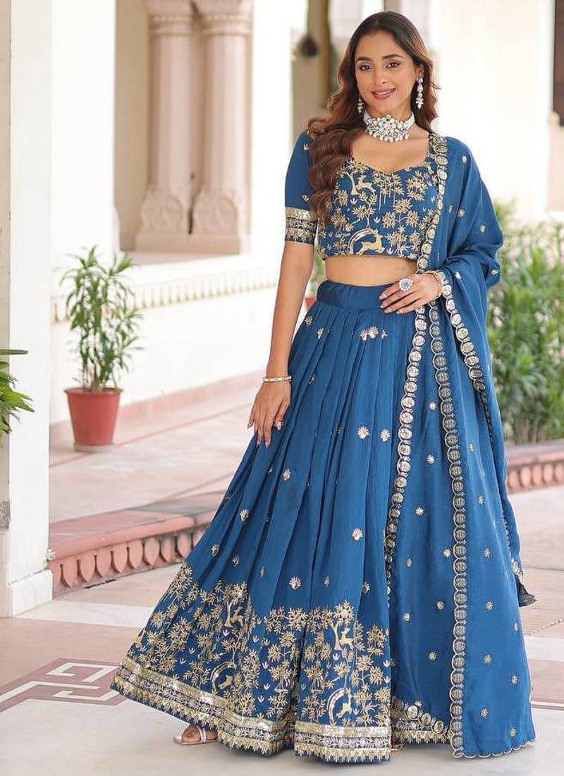 royal blue silk blend embroidered lehenga choli