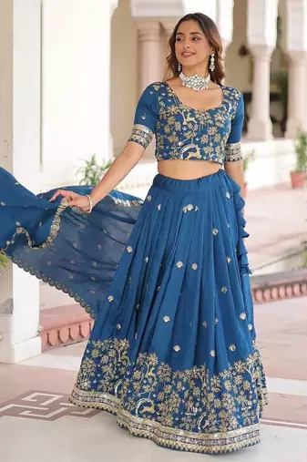 royal blue silk blend embroidered lehenga choli