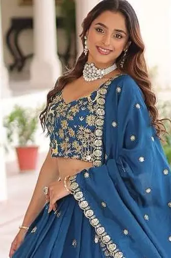 royal blue silk blend embroidered lehenga choli