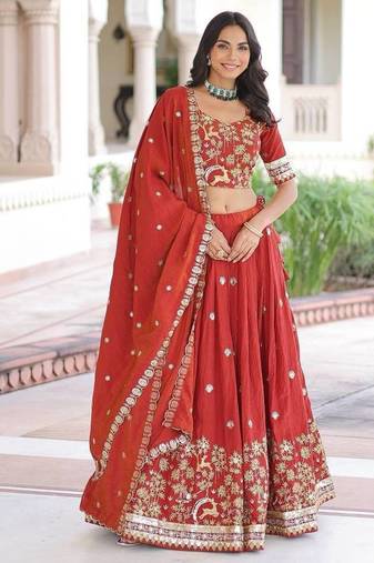 orange silk blend embroidered lehenga choli
