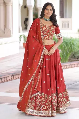 orange silk blend embroidered lehenga choli