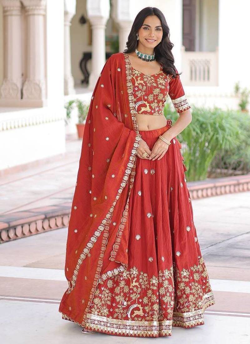 orange silk blend embroidered lehenga choli