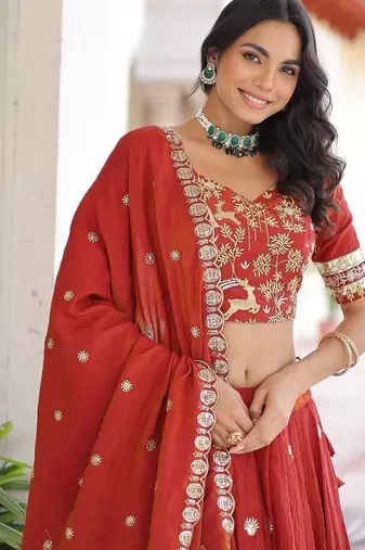 orange silk blend embroidered lehenga choli