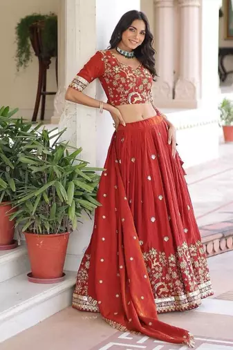 orange silk blend embroidered lehenga choli
