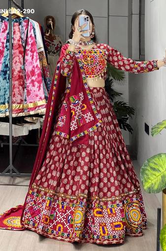 maroon rayon printed lehenga choli