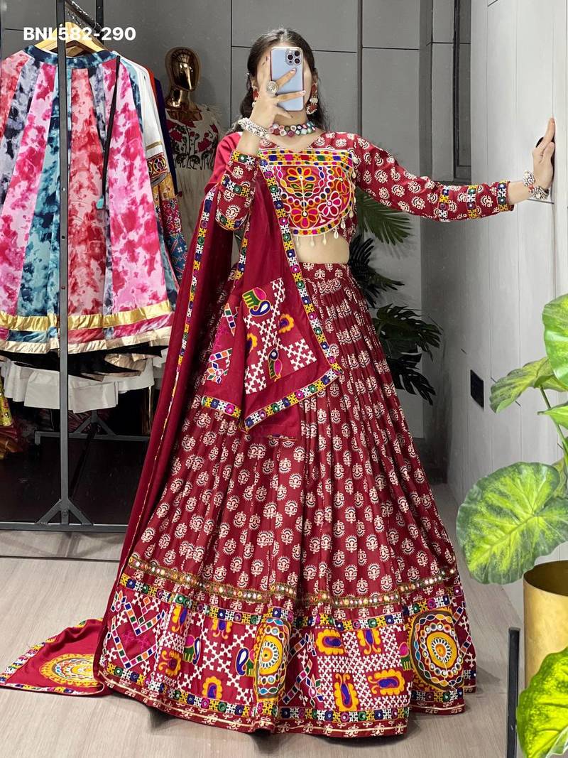 maroon rayon printed lehenga choli