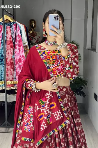 maroon rayon printed lehenga choli