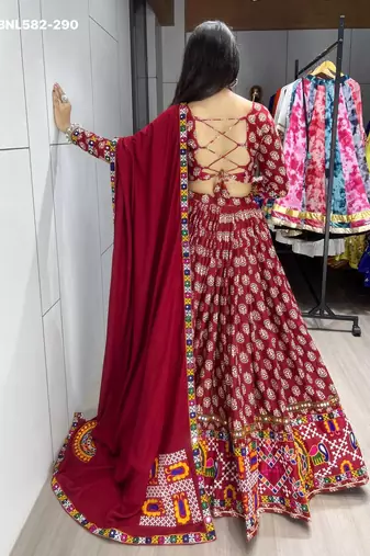 maroon rayon printed lehenga choli