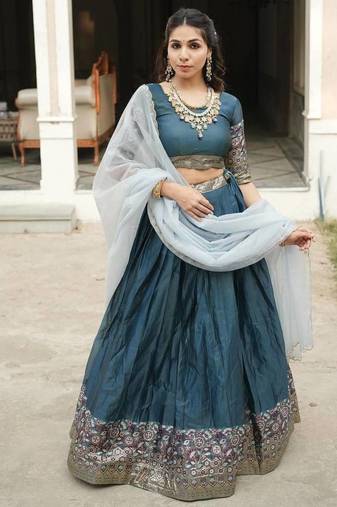 teal blue silk blend plain lehenga choli