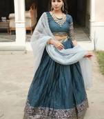 teal blue silk blend plain lehenga choli