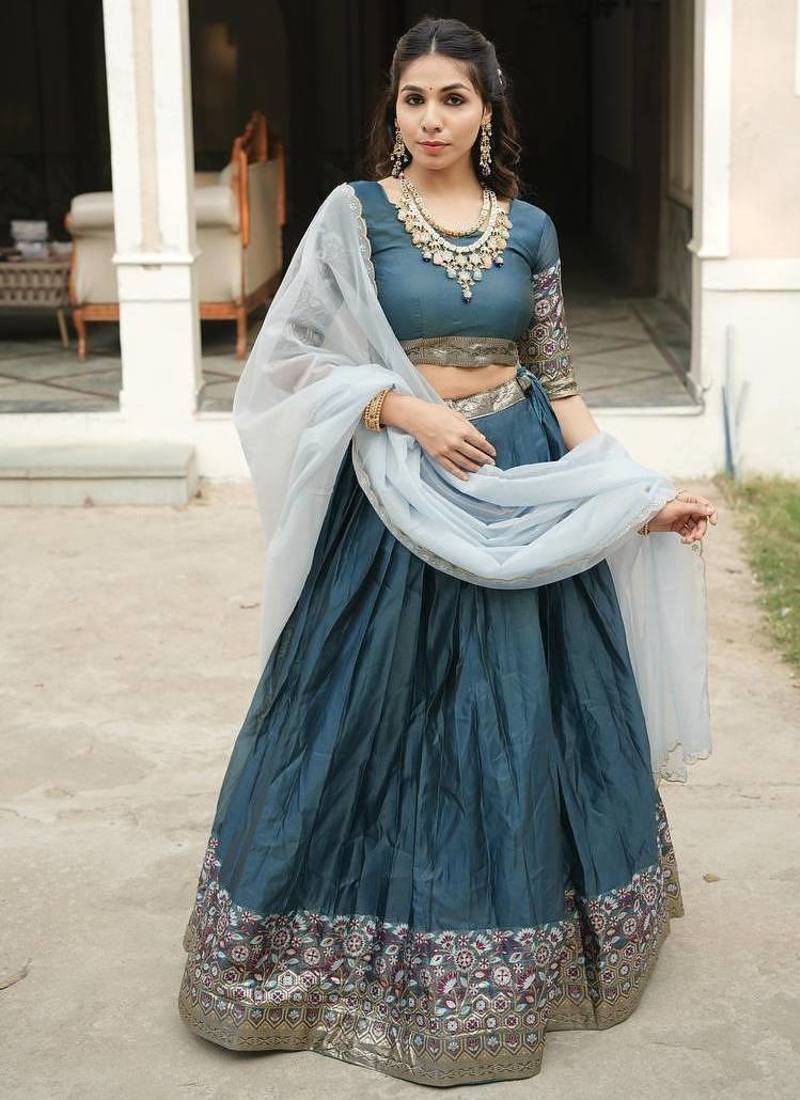 teal blue silk blend plain lehenga choli