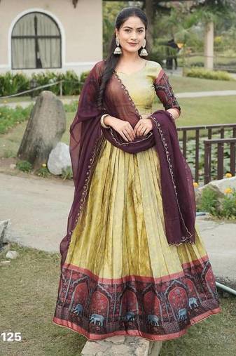 light mustard silk printed lehenga choli