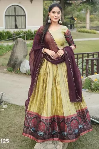 light mustard silk printed lehenga choli