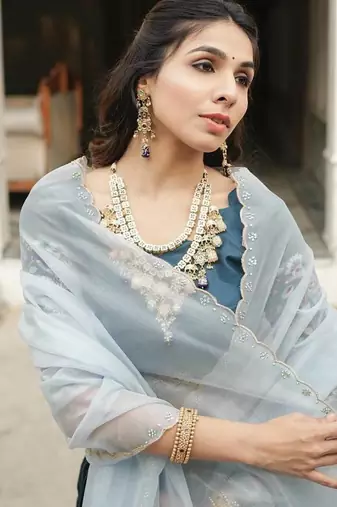 teal blue silk blend plain lehenga choli
