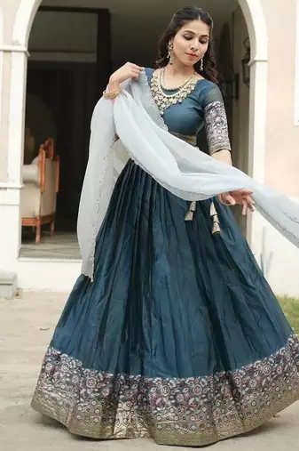teal blue silk blend plain lehenga choli