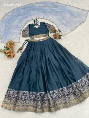 teal blue silk blend plain lehenga choli 4