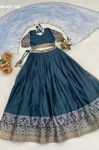 teal blue silk blend plain lehenga choli