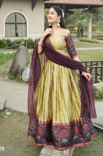 light mustard silk printed lehenga choli