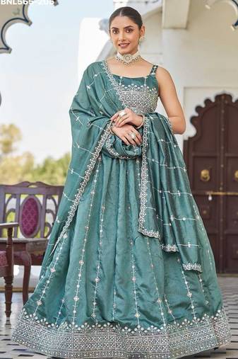 teal green silk blend embroidered lehenga choli