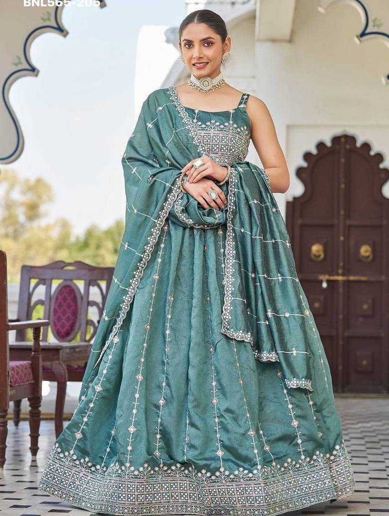 teal green silk blend embroidered lehenga choli