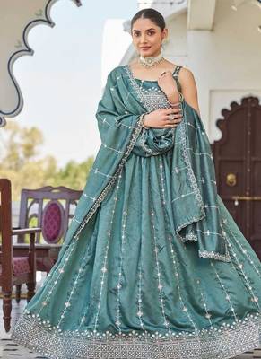 teal green silk blend embroidered lehenga choli 2