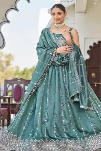 teal green silk blend embroidered lehenga choli