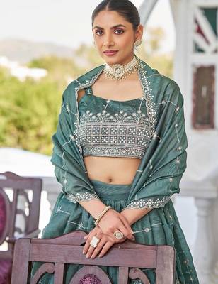 teal green silk blend embroidered lehenga choli 3