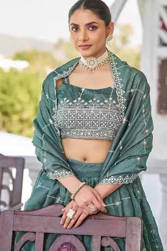 teal green silk blend embroidered lehenga choli