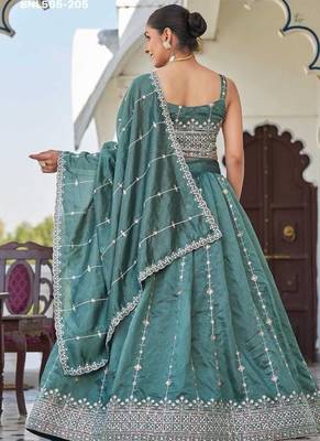 teal green silk blend embroidered lehenga choli 4