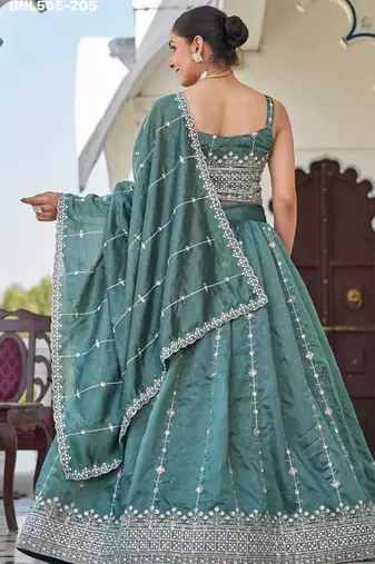 teal green silk blend embroidered lehenga choli