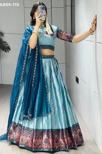 light blue silk blend woven lehenga choli