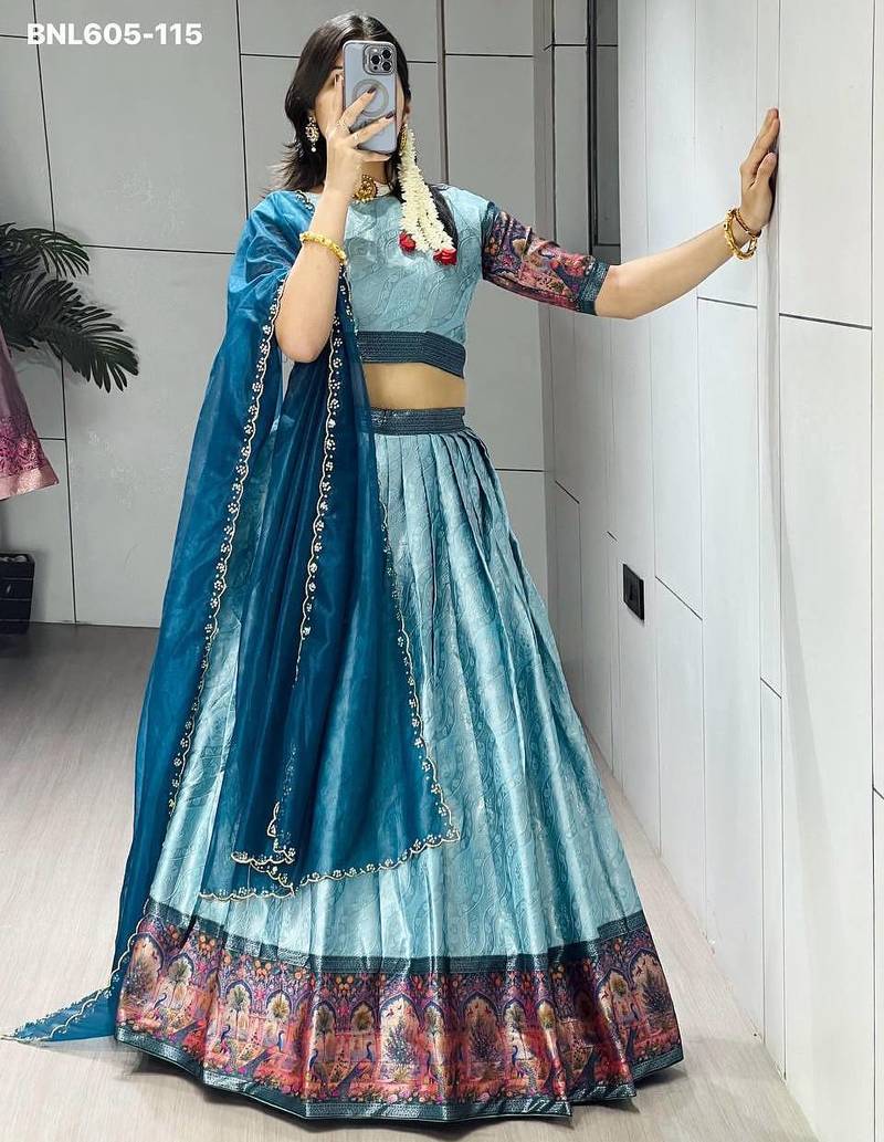 light blue silk blend woven lehenga choli