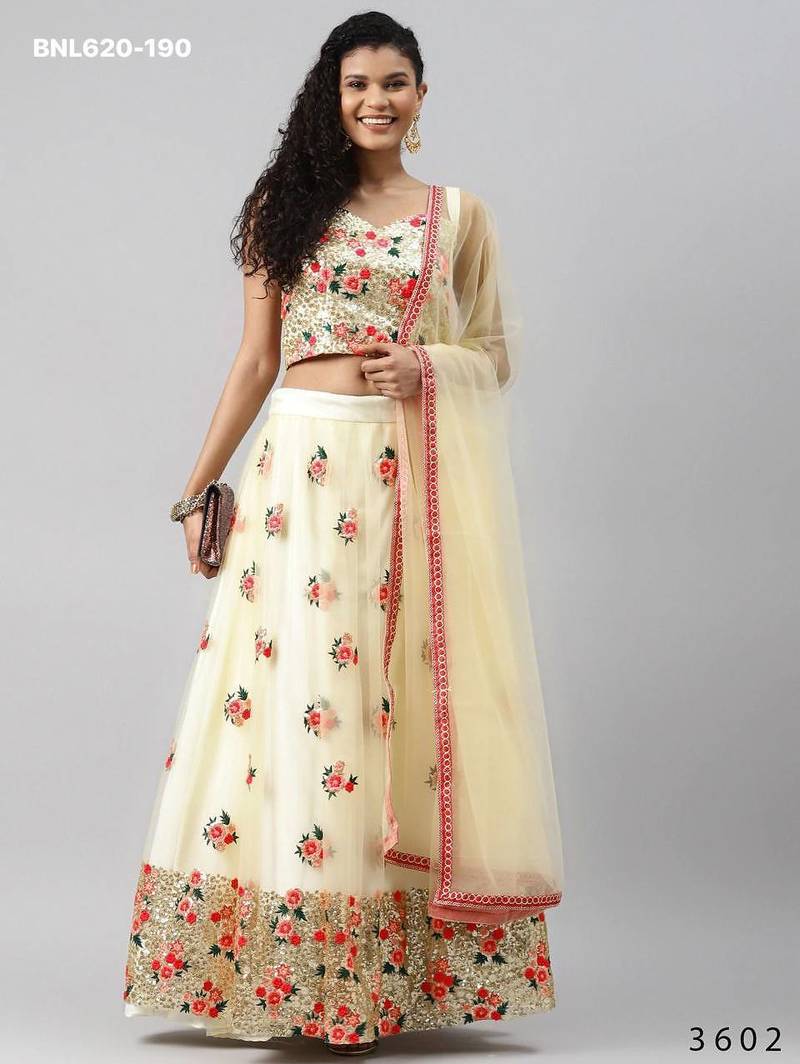 cream net embroidered lehenga choli