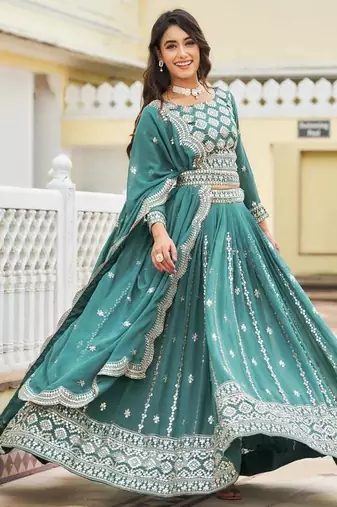 teal green georgette embroidered lehenga choli
