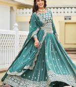 teal green georgette embroidered lehenga choli