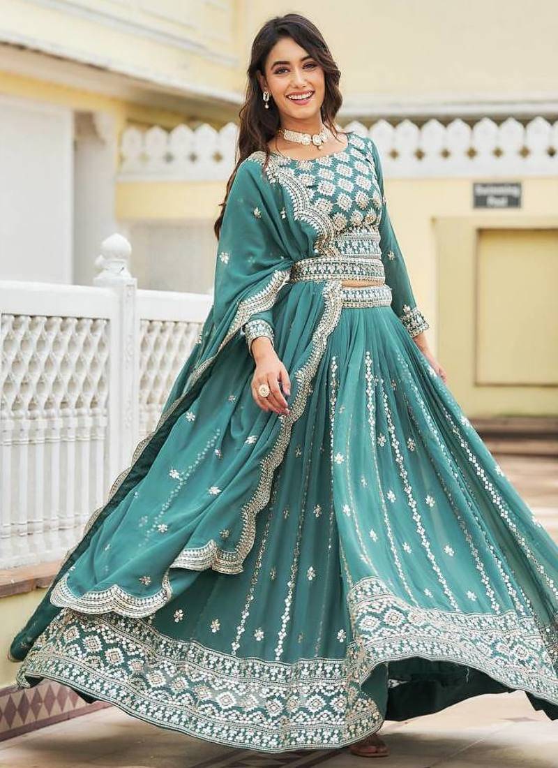 teal green georgette embroidered lehenga choli
