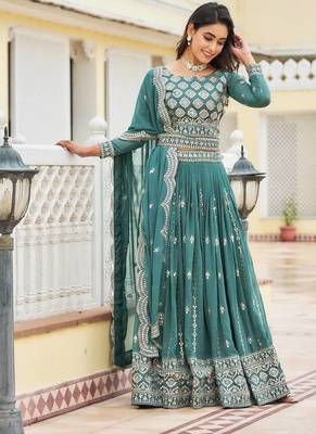 teal green georgette embroidered lehenga choli 2