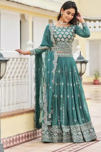 teal green georgette embroidered lehenga choli