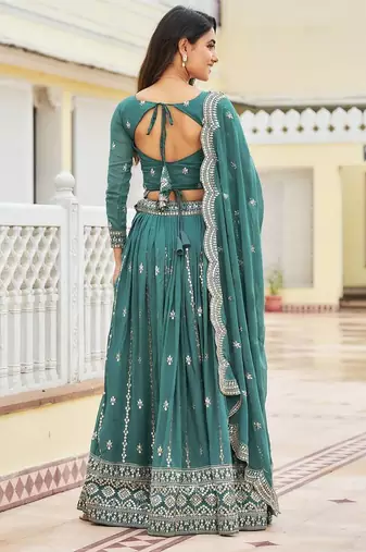 teal green georgette embroidered lehenga choli