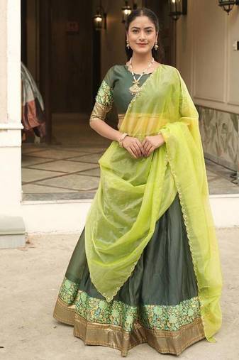 dark olive silk blend plain lehenga choli