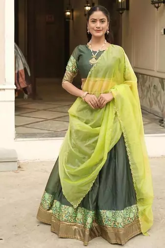 dark olive silk blend plain lehenga choli
