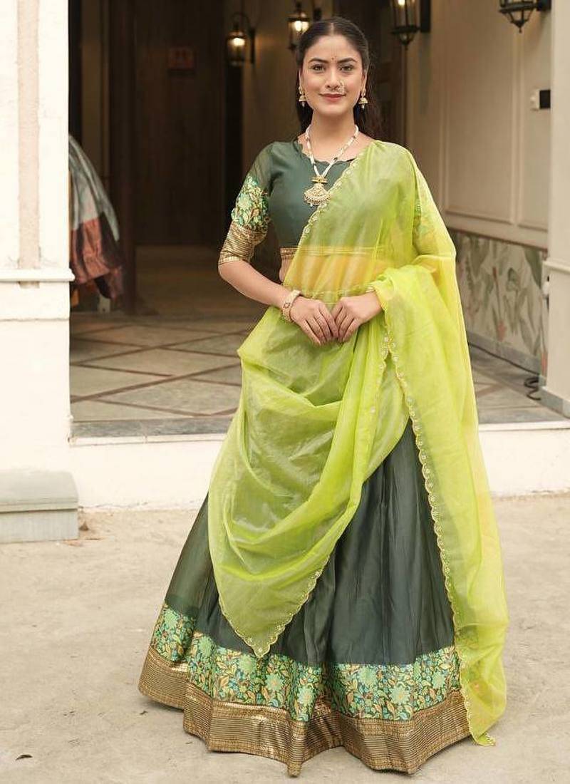 dark olive silk blend plain lehenga choli