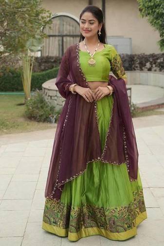 parrot green silk blend plain lehenga choli