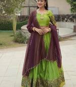 parrot green silk blend plain lehenga choli
