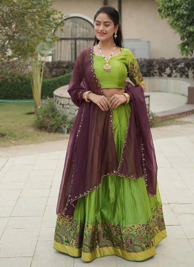 parrot green silk blend plain lehenga choli